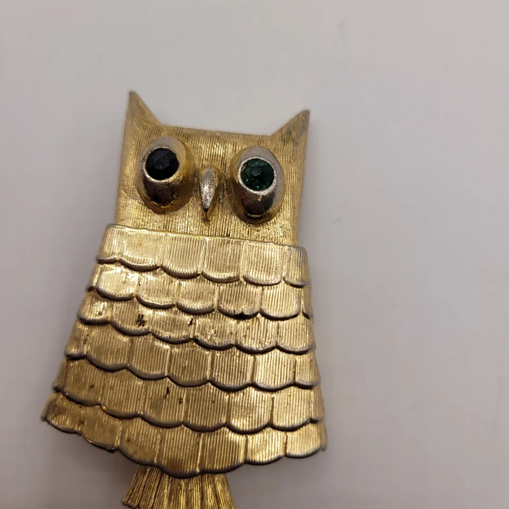 Gold Owl Brooch with Green Eyes